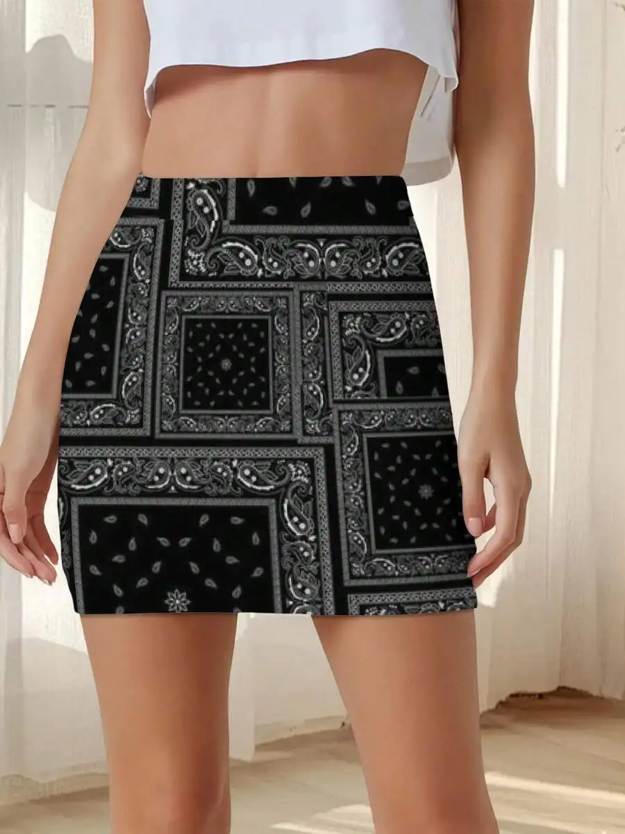 Women Black Bandana Print Bodycon Mini Skirt Casual Streetwear Paisley Pattern Summer