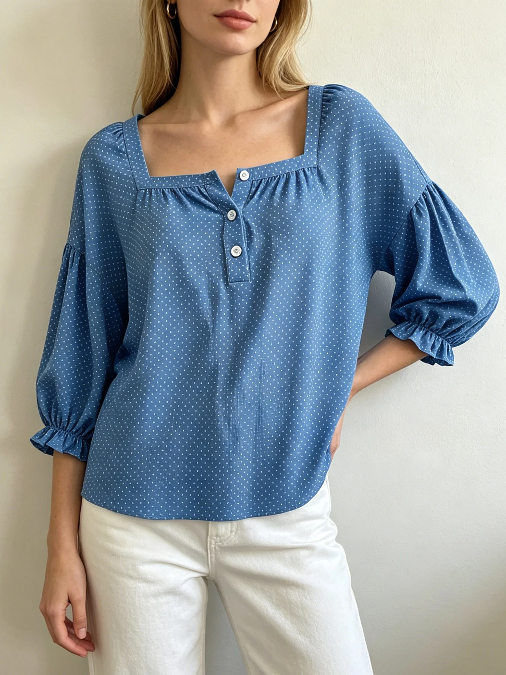 Office Ladies Square Neck Shirt Half Placket Flare Cuff Daily Casual Loose Blouse