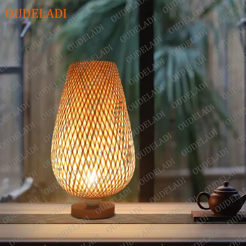OUDELADI Vintage Bamboohandicraft Table Lamps Handmade bedroom bedside desk lights living room decor warm bamboo wood lamp - Image 2