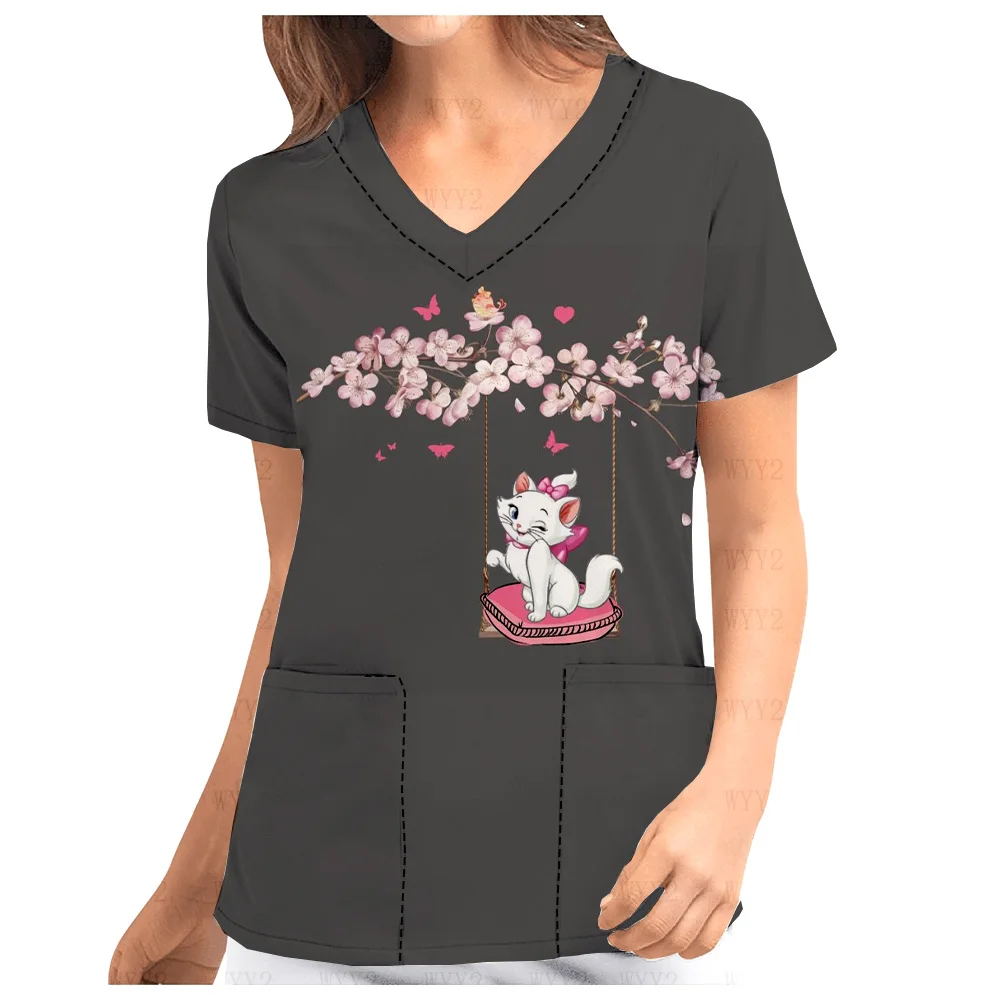 Women's flower shop cafe work uniform 2025 new Mary cat cute print hospital women's nurse uniform V-Neck Print Scrub Top