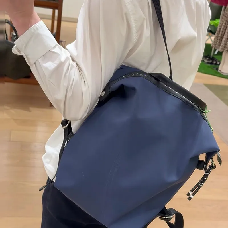 New Twill Nylon Backpack with Genuine Leather Double Shoulder Bag, Unisex and Versatile Backpack