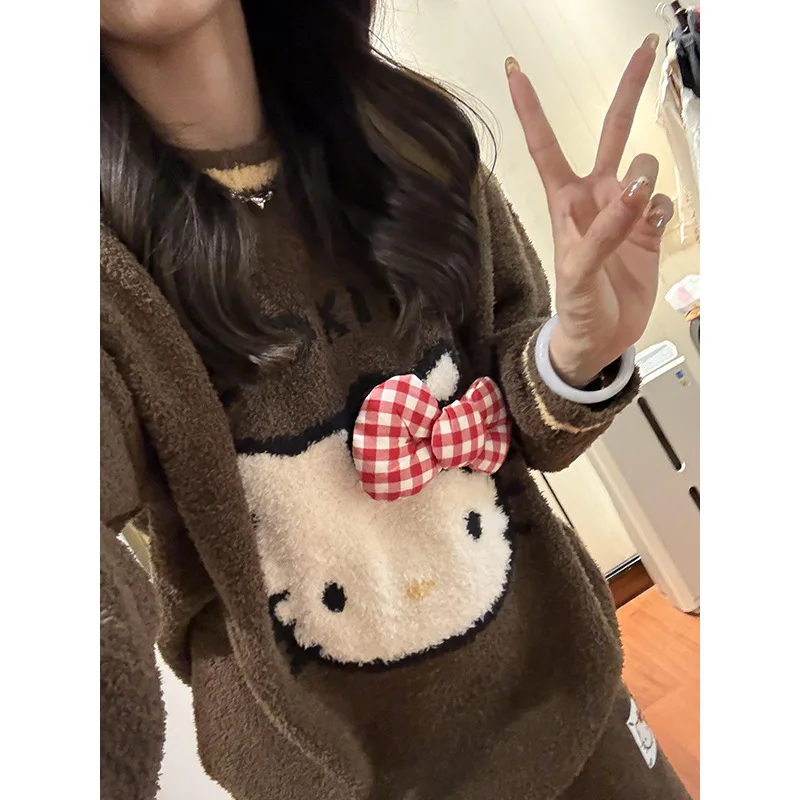 

Winter Warm Sleepwear Women Hello Kitty Pajamas Set Fleece Loungewear Schoolgirls Comfortable Sanrio Cartoon Nightclothes