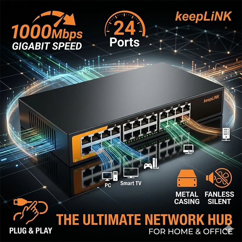 KeepLiNK 24 Port Gigabit Switch 10/100/1000Mbps Unmanaged Network Ethernet For Hub Metal Fanless Plug & Play Home Office