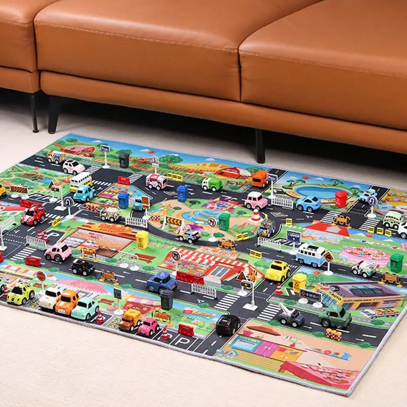 Alfombra de juego para niños, tapete grueso de 130x100Cm, con mapa de estacionamiento, lavable, antideslizante, para padres e hijos