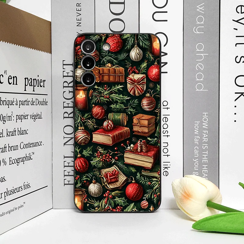 Christmas Decorations Bookshelf Book Print Phone Case for Samsung Galaxy S25 S24+ S23 Ultra S22 Plus S21FE M53 M34 5G Soft Cover