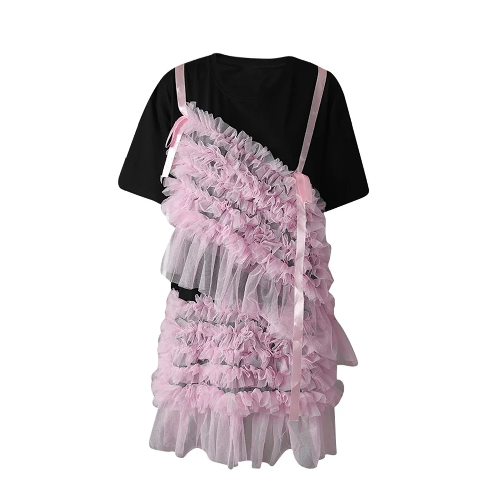 패션 스윗 썸머 신상 드레스 스플라이스 메쉬 페이크 투피스 케이크 드레스 패치워크 루즈 시크 O넥 반팔 티셔츠 드레스