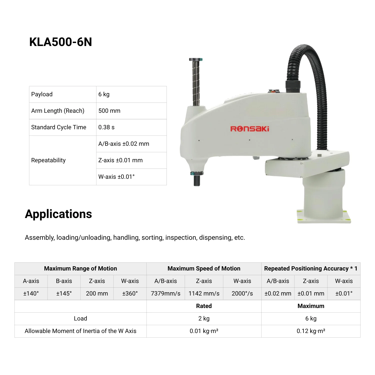 6kg High-Speed SCARA Robot Arm 500mm Reach 4-Axis for Assembly and Inspection for Automated Production Line KLA500-6N