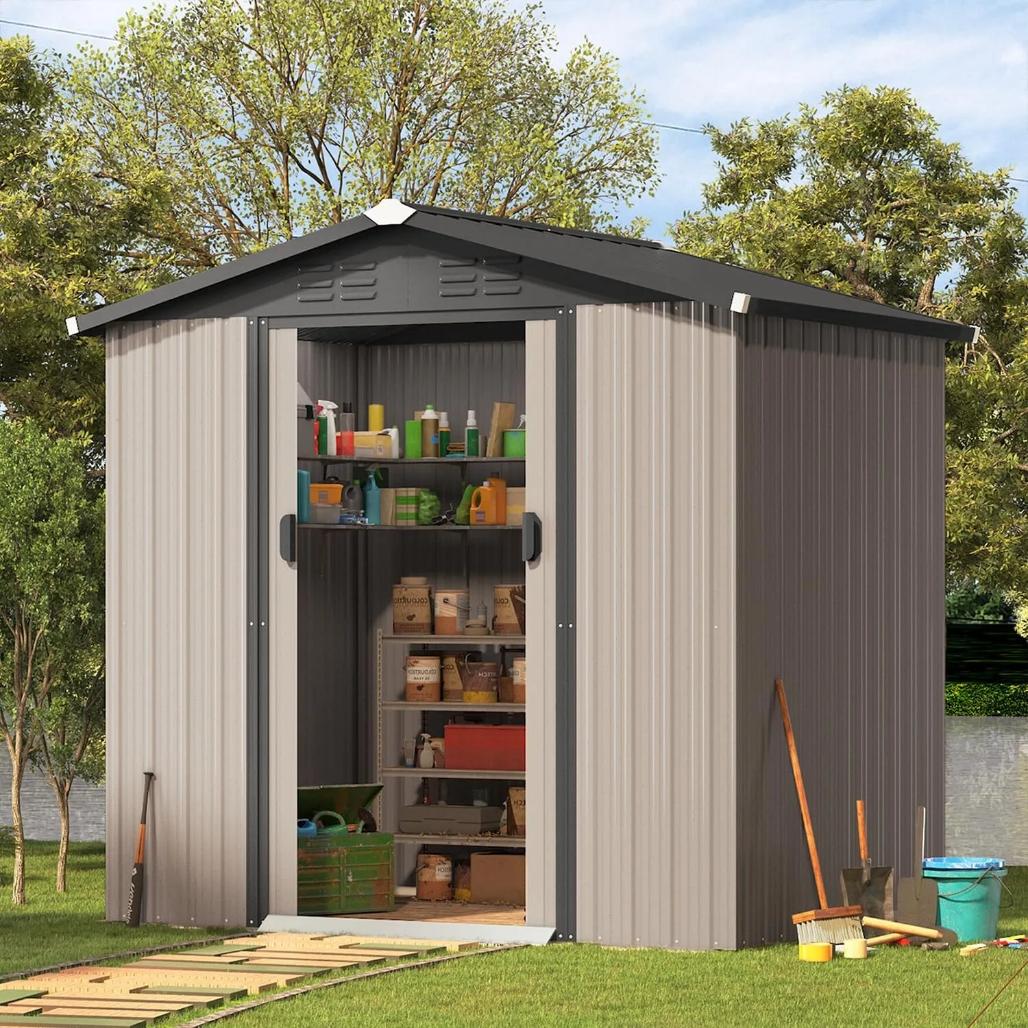 Outdoor Metal Storage Shed Tool shed Galvanized Metal Tool Shed w/ Sliding Door
