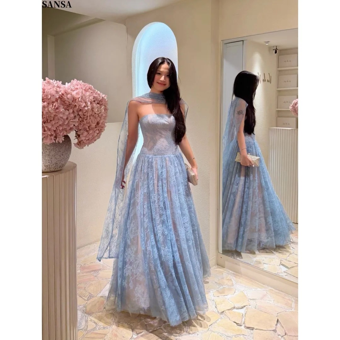 

Sansa Customized Light Blue Floral Print Prom Dresses Sheer Lace vestidos de noche Luxe Sparkly Detachable Shawl Formal Evening