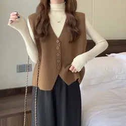 Korean V-Neck Women Sweater Vest Loose Irregular Ingle-breasted Knitted Spring Autumn Sleeveless Solid Casual Elastic Cardigan