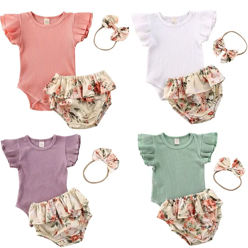 QH Baby Summer Clothing Infant Newborn Baby Girl Ruffled Ribbed Bodysuit Floral Shorts Headband Set