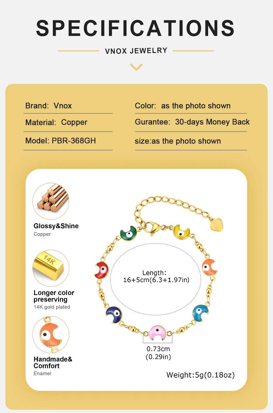 Vnox Goldfarbene, bunte Emaille-Mond-Abstandshalterperlen für Halsketten, Armbänder und Fußkettchen für Damen – Sommer-Reise-Schmuck – Detail 10