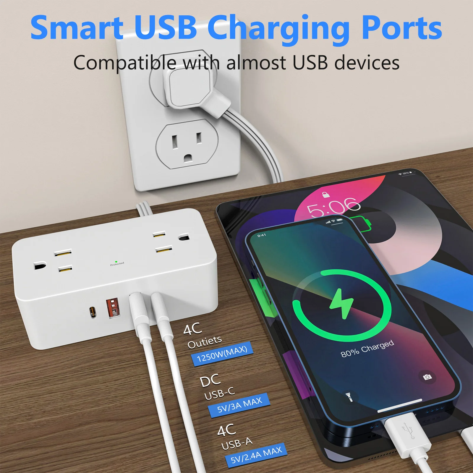 Ultra-thin 1.5m flat extension cord power socket with 4 x AC power jacks 2 x USB 2 x Type-C ports , surge protector power strip