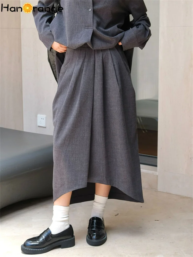 HanOrange 2024 Autumn Retro Modern Irregular Folded Skirt Pendant Straightening Skirt Vintage Dark Gray/Oat Gray