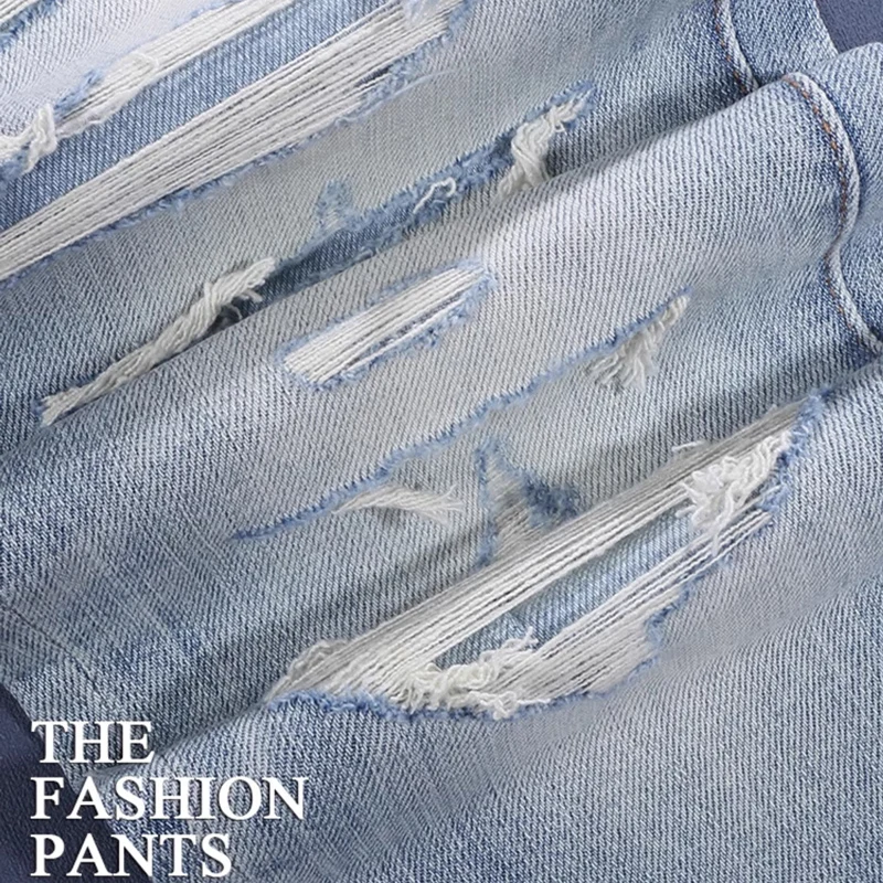 Street Designer Fashion Men Jeans Retro Light Blue Stretch Slim Patched Ripped Jeans Men High Quality Y2K Vintage Denim Pants