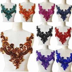 Handmade rhinestones lace applique sew on beads trim patches accessory for dress clothes neckline