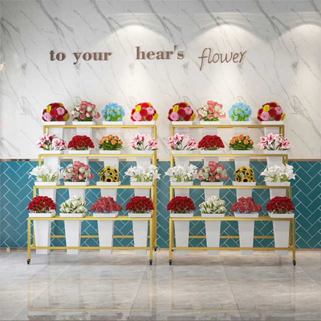 Detachable 4 Layer Decorative Flower Display Rack Beautiful Flower Cart Display Stand Flower Shop Outdoor Frame With 16 Buckets