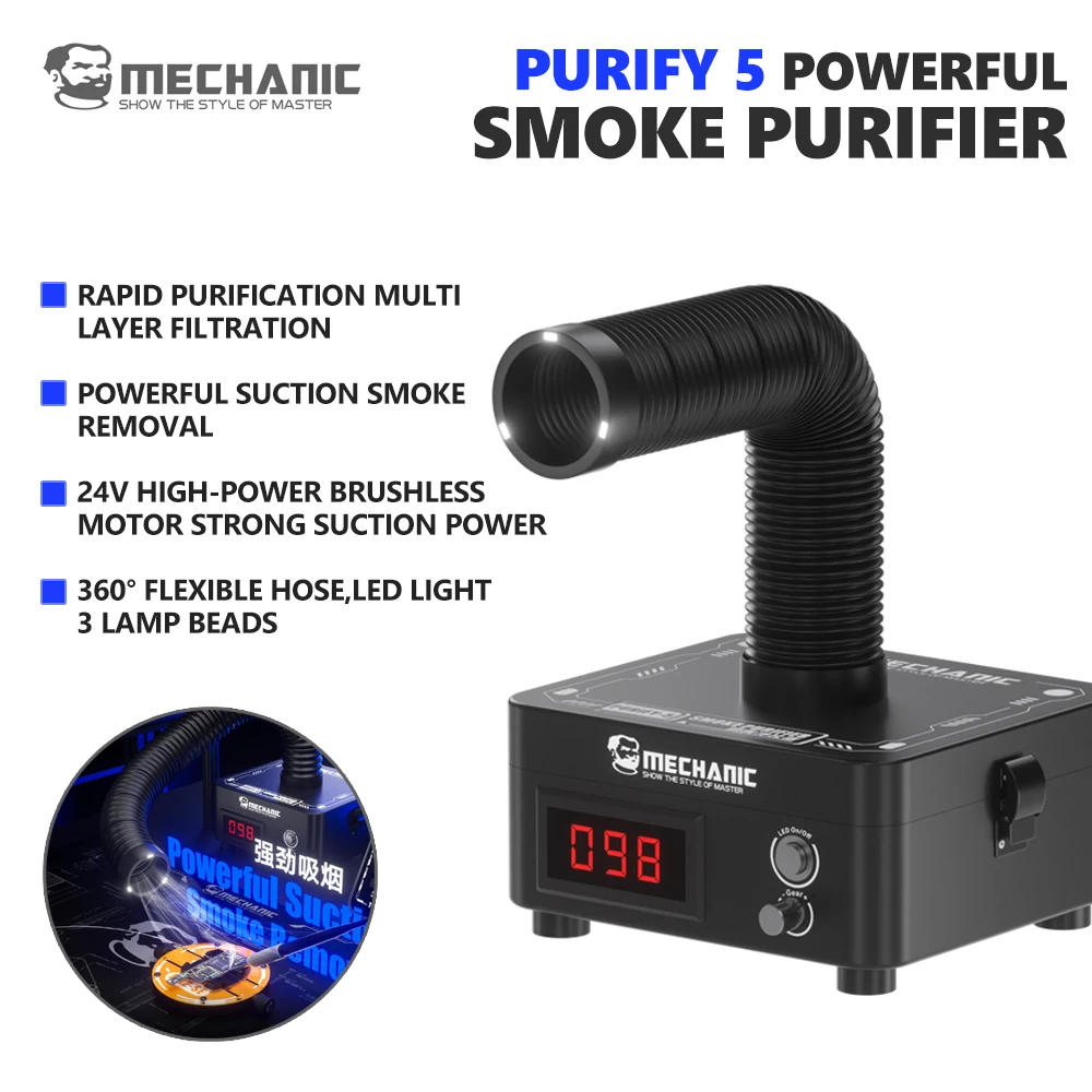 MECHANIC PURIFY-5 Leistungsstarker Rauchfilter mit 3 LED-Lampen für Lötstationen, Entlötarbeiten, Nebelentfernung und Rauchabsaugung