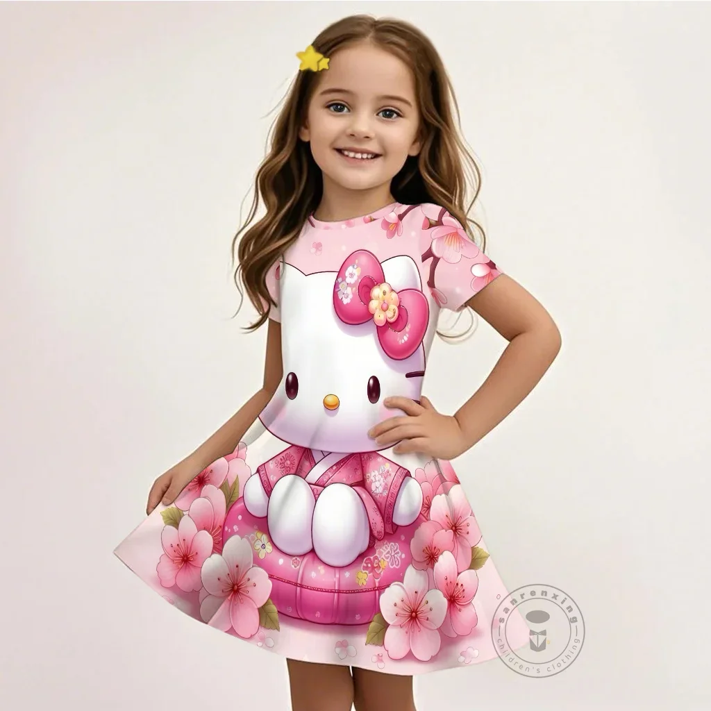 

Очаровательное платье Hello Kitty 2025 года с 3D принтом, летняя милая расклешенная юбка, топ с короткими рукавами в уличном стиле для девочек 3–16 лет