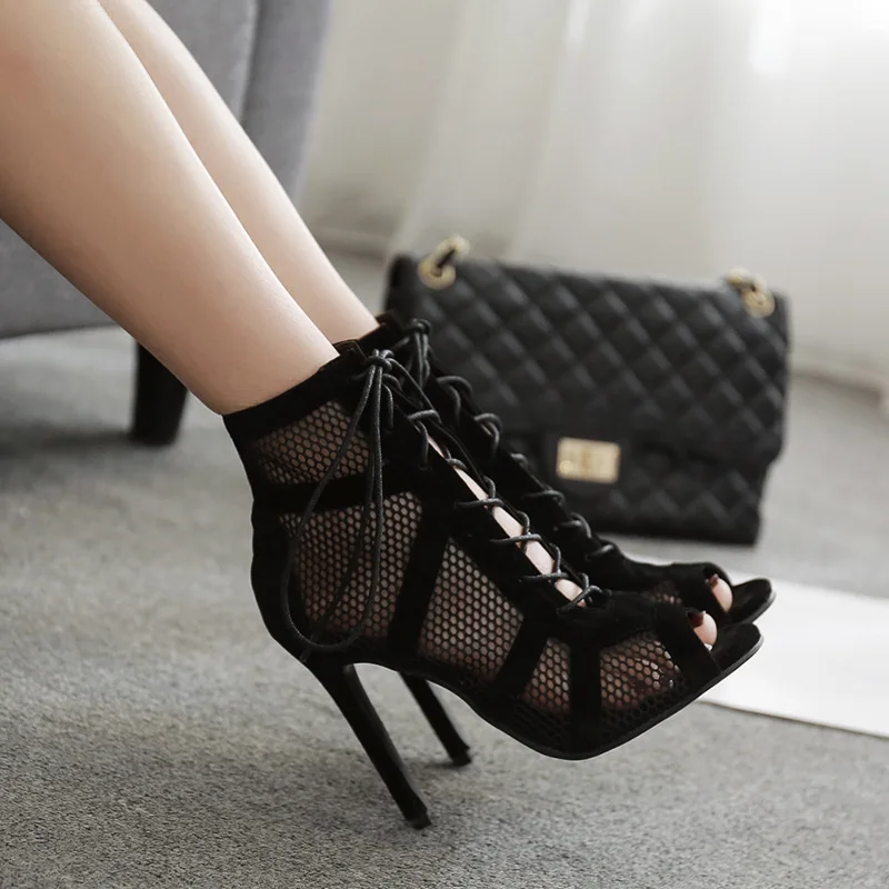 2023 Fashion Basic Sandals Boots Women High Heels Pumps Sexy Hollow Out Mesh Lace-Up Cross-tied Boots Party Shoes 35-42