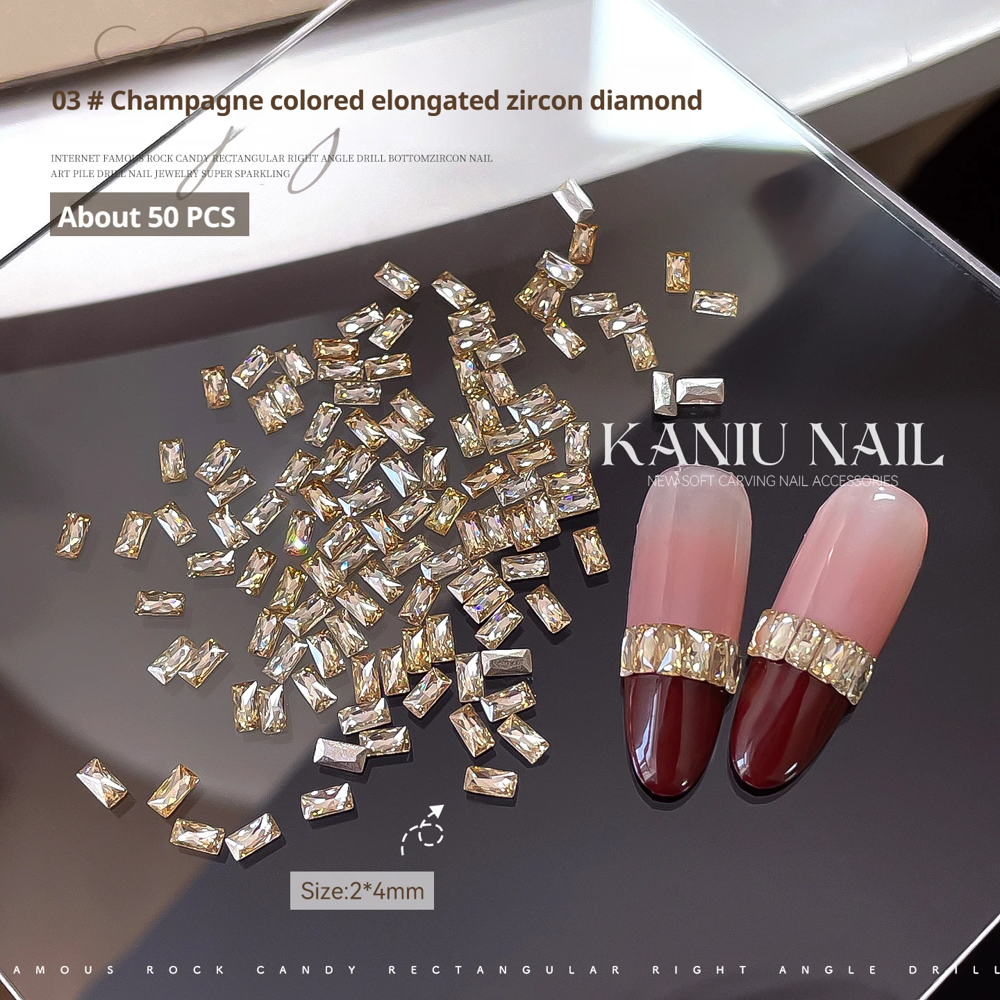 KANIU Champagner Rechteckiger Nagel-Zirkon Weiß Transparent 5A Nagel-Kristall-Diamant Französischer Gestreifter Nagel-Accessoire