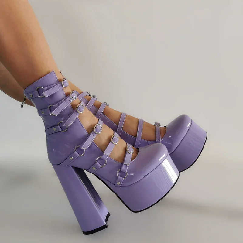 2024 New Purple Lolita Sweet 15cm High Heels Thick Bottom Bow Women\'s Shoes Round Head Hollow Out Buckle Single Shoes Size 36-47