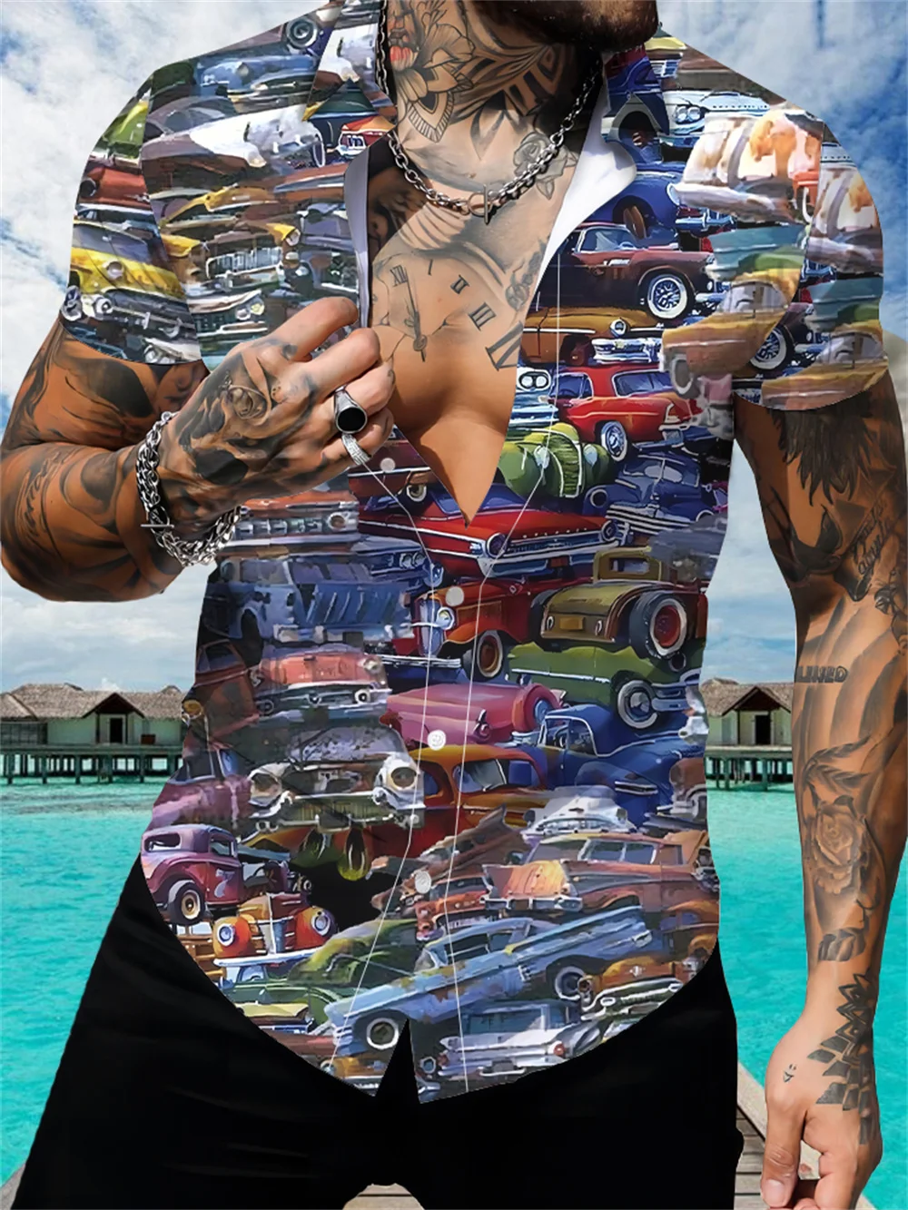Summer men's T-shirt 3d printed cartoon car print casual fashion lapel short-sleeved shirt top