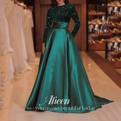 Green Elegant Evening Dresses for Women customized Sequins Prom Gala Satin Suitable Request A-line Gowns Dubai Luxury Dress