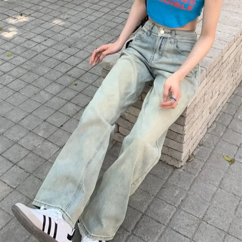 

Джинсы женские в американском стиле светлый цвет новые летние тонкие свободные прямые с высокой талией широкие потертые простые универсальные уютные брюки