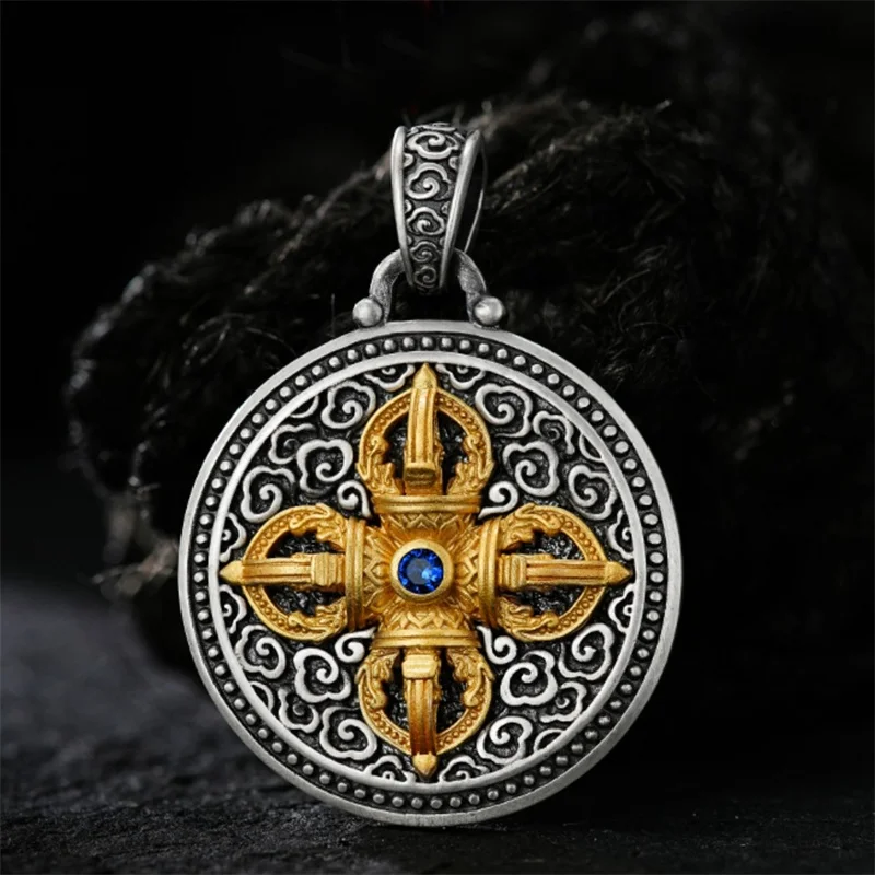 Vintage Gold Vajra Pestle Necklace For Men Jewelry Blessing The Six Character Great Bright Mantra Safety Buckle Pendant Male