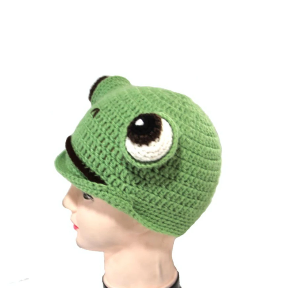 Women 3d Frog Protruding Eyes Handmade Crochet Hat Cute Animal Knitted Roll‑Up Brim Pullover Cap Adults/Child Cosplay Beanies