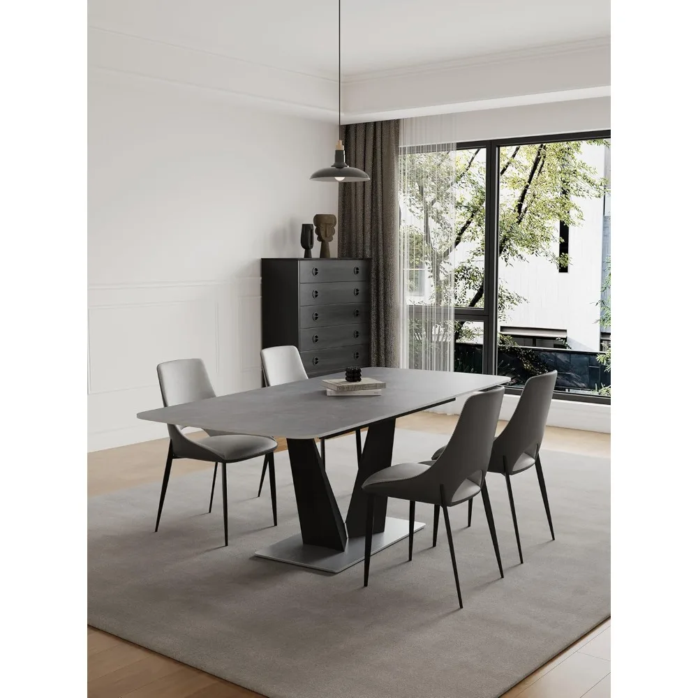 Modern Dining Table for 6-8, Extendable Dining Table Sintered Stone Dining Table Top with V-Shape Carbon Steel Pedestal Table,