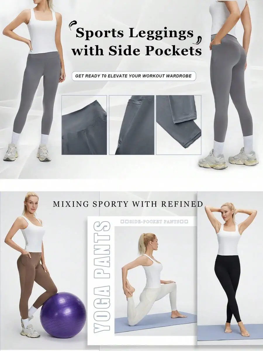 

High Waisted Yoga Leggings With Side Pockets Breathable 4-Way Stretch Sport Pants For Women