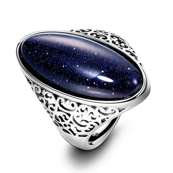 Women's Retro Silver Vintage Blue Sandstone Ring, 925 Sterling