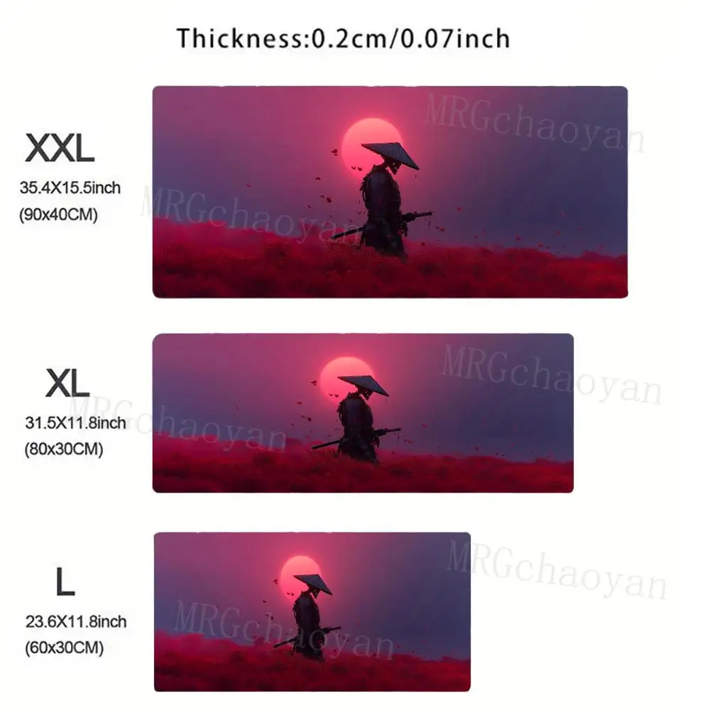 Japanese Samurai Silhouette Red Maple Sunset Large Mouse Pad Oriental Warrior Scenery alfombrillas para escritorio
