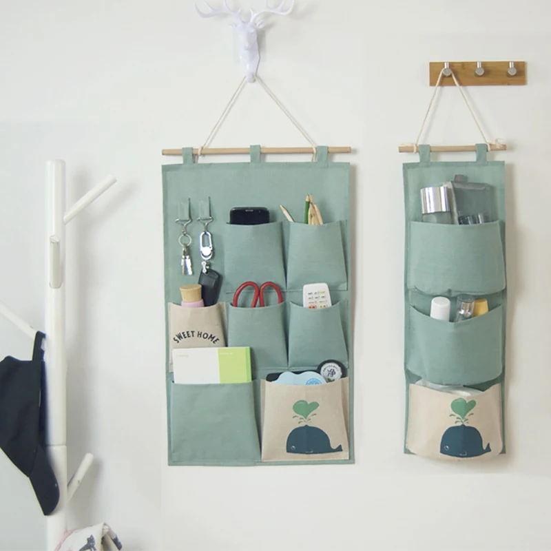 3/7 Pockets Cute Wall-mounted Storage Bag Cotton and Linen Closet Door Sundries Clothes Cosmetic Toys Organizer For Bedroom