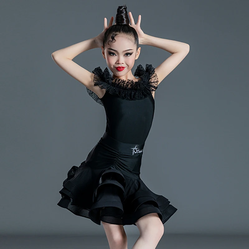 Girls Black Latin Dance Dress Summer Dance Clothes Off Shoulder Ruffled Performance Costume Kids Rumba Ballroom Dancewear BL8140