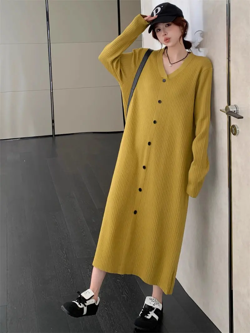 V-Neck Retro Pit Stripe Knitted Casual Long Sleeve Dress Simple Artistic Fashion Autumn Pullover Sweater Dress For Women K2506