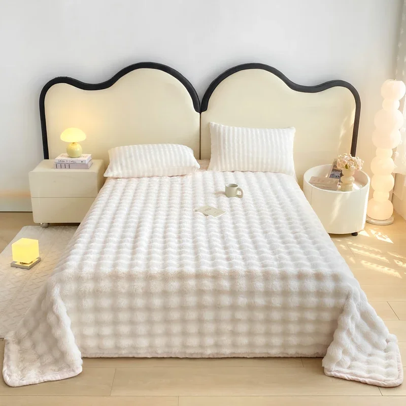 Autumn Winter Thickened Plush Sheet Soft Fluffy Warm Artificial Rabbit Plush Sheets Solid Aesthetically Cozy Durable Bed Sheet