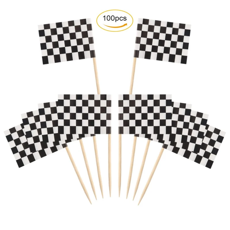 100Pcs/Set Mini Check Flag Cupcake Cocktail Topper Racer Championship Flag Of Karting Racing Motor Car Automobile Race Accessory