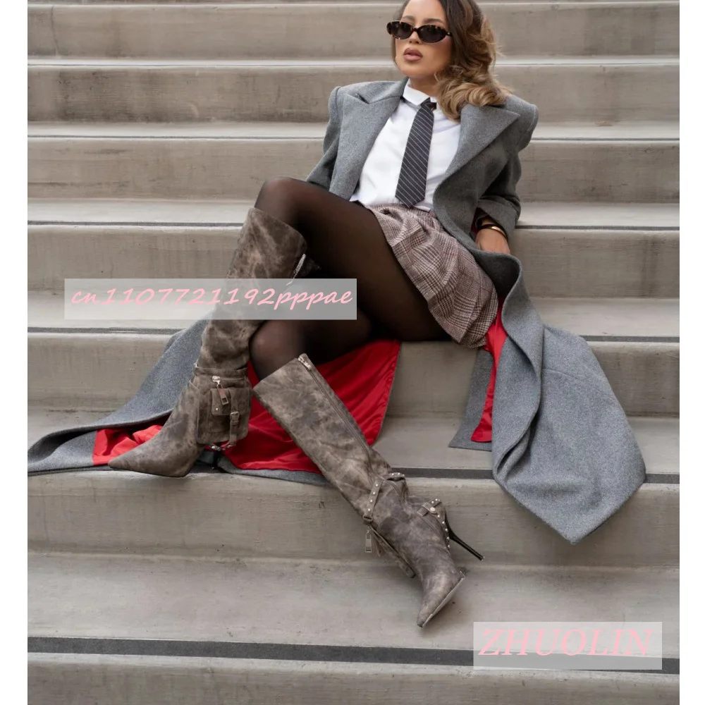 Spring New Distressed Denim Knee-High Boots Women'S Pointed Toe Stiletto Heel Pocket Riding Boots Fashionable Street Long Boots