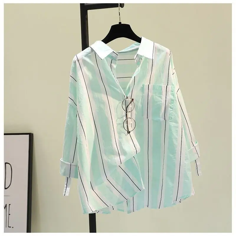 Camisa de manga larga a rayas para mujer, camisa holgada y adelgazante, 100% algodón puro, versión coreana, primavera y verano