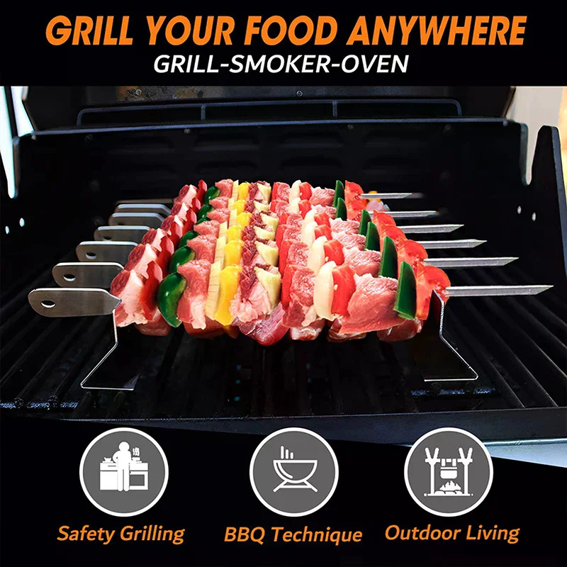 2 PCS Skewer Holder Anti-slip Groove Stainless Steel Heavy Duty Long BBQ Tools Barbecue Grilling Shish Kabob Rack Outdoor Tools