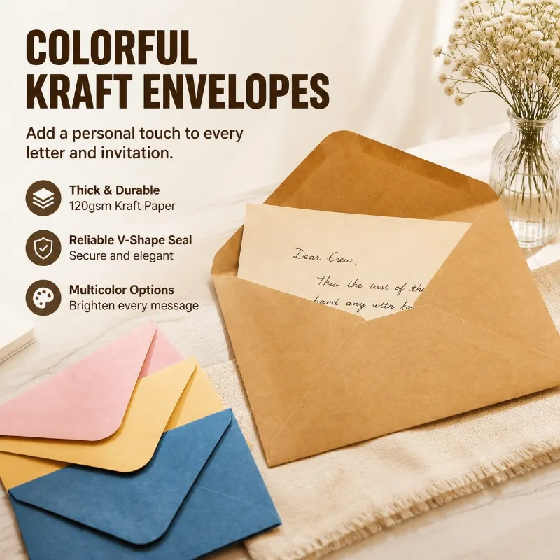 Multicolor Artistic Kraft Paper Envelopes, 120gsm Thickened V‑shaped Sealing Design, Premium Stationery Holders Specially