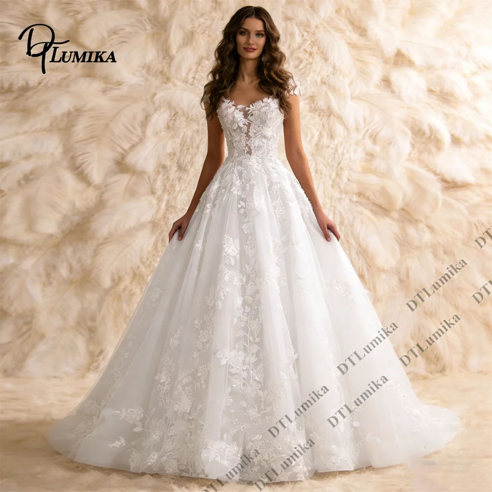 

Women’s V - Neck Lace Applique Tulle Wedding Dress, A - Line Bridal Gown with Sheer Sleeves for Church Wedding Ceremony