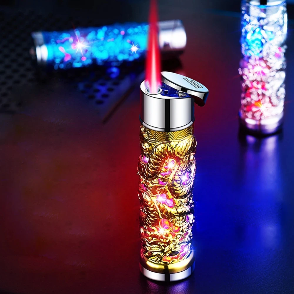 Metal Creative 3D Relief Dragon Lighter Windproof Colored Light Butane Turbo Torch Red Flame Portable Lighter Men\'s Gift