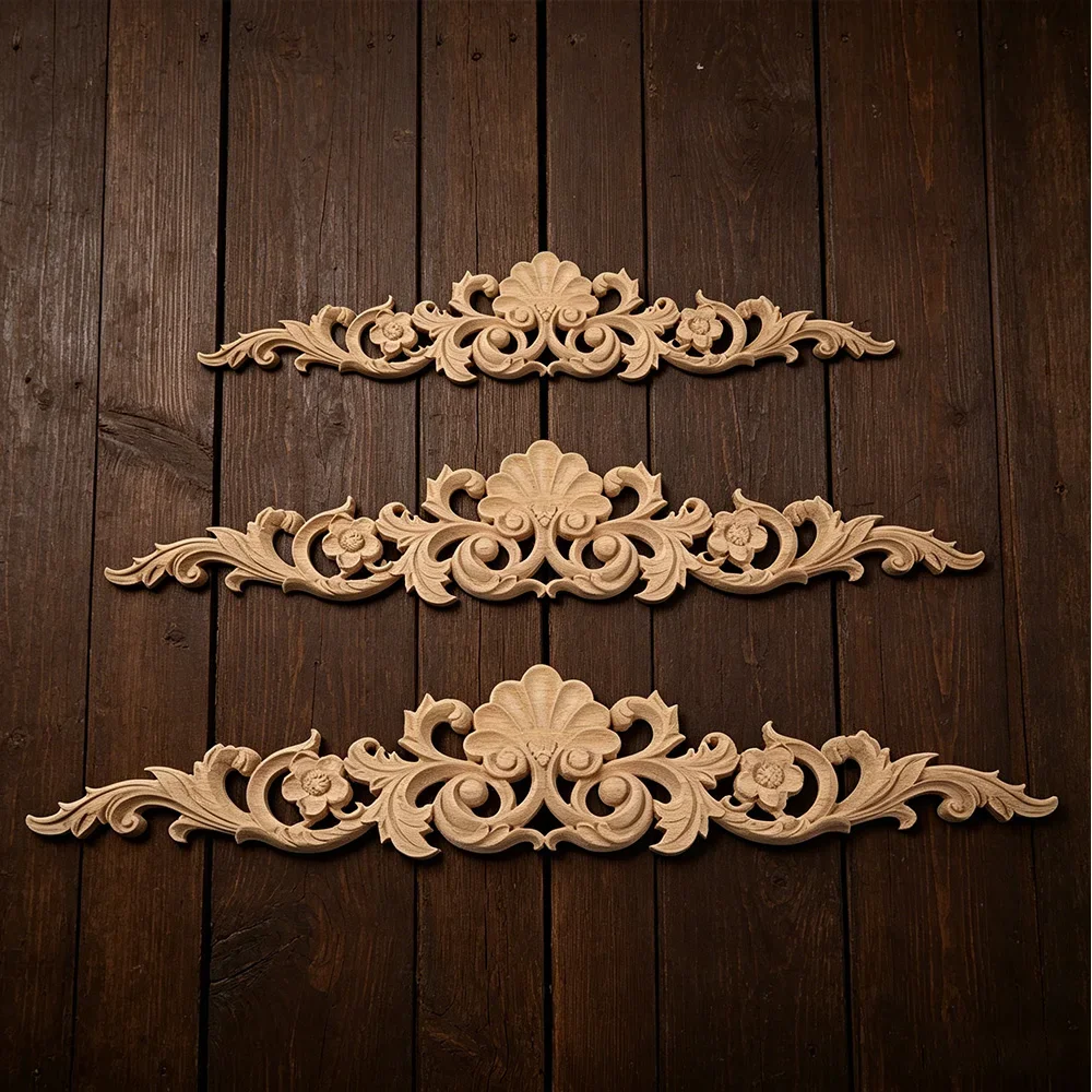 2PCS 40CM Rectangle Carving Wood Appliques for Furniture Cabinet Unpainted Wooden Mouldings Decal Vintage Home Decor Decorative