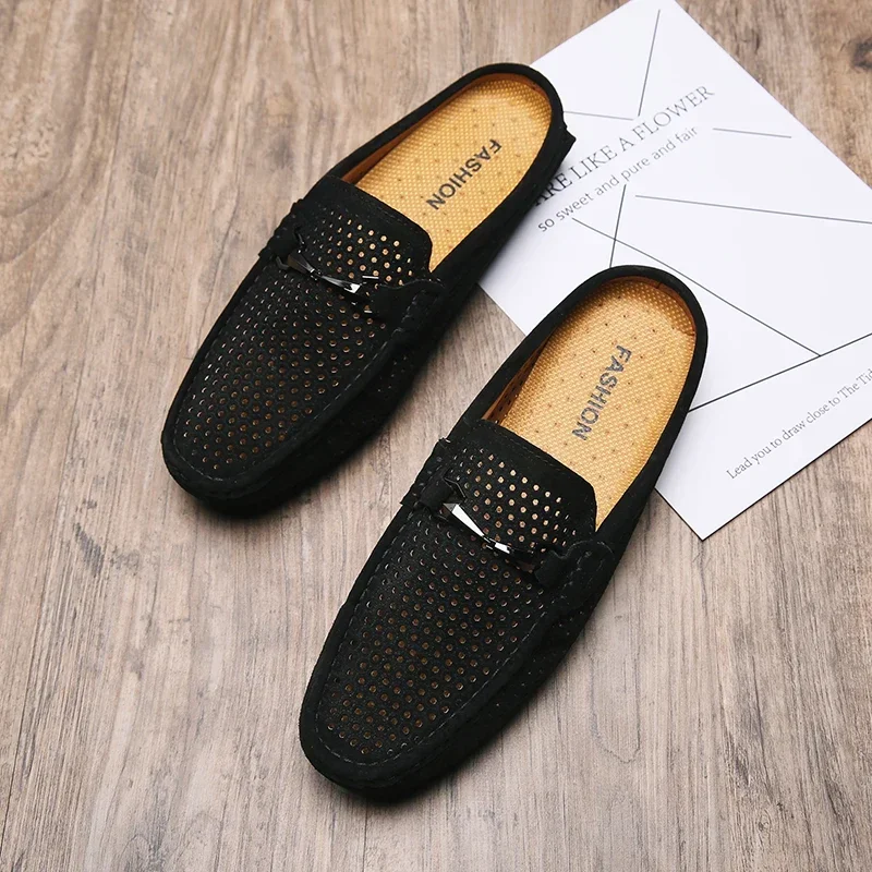 Fashion Men Leather Slippers Outdoor Half Loafers Lightweight Shoes Breathable Mules for Man Summer Casual Sandals Lazy Shoes