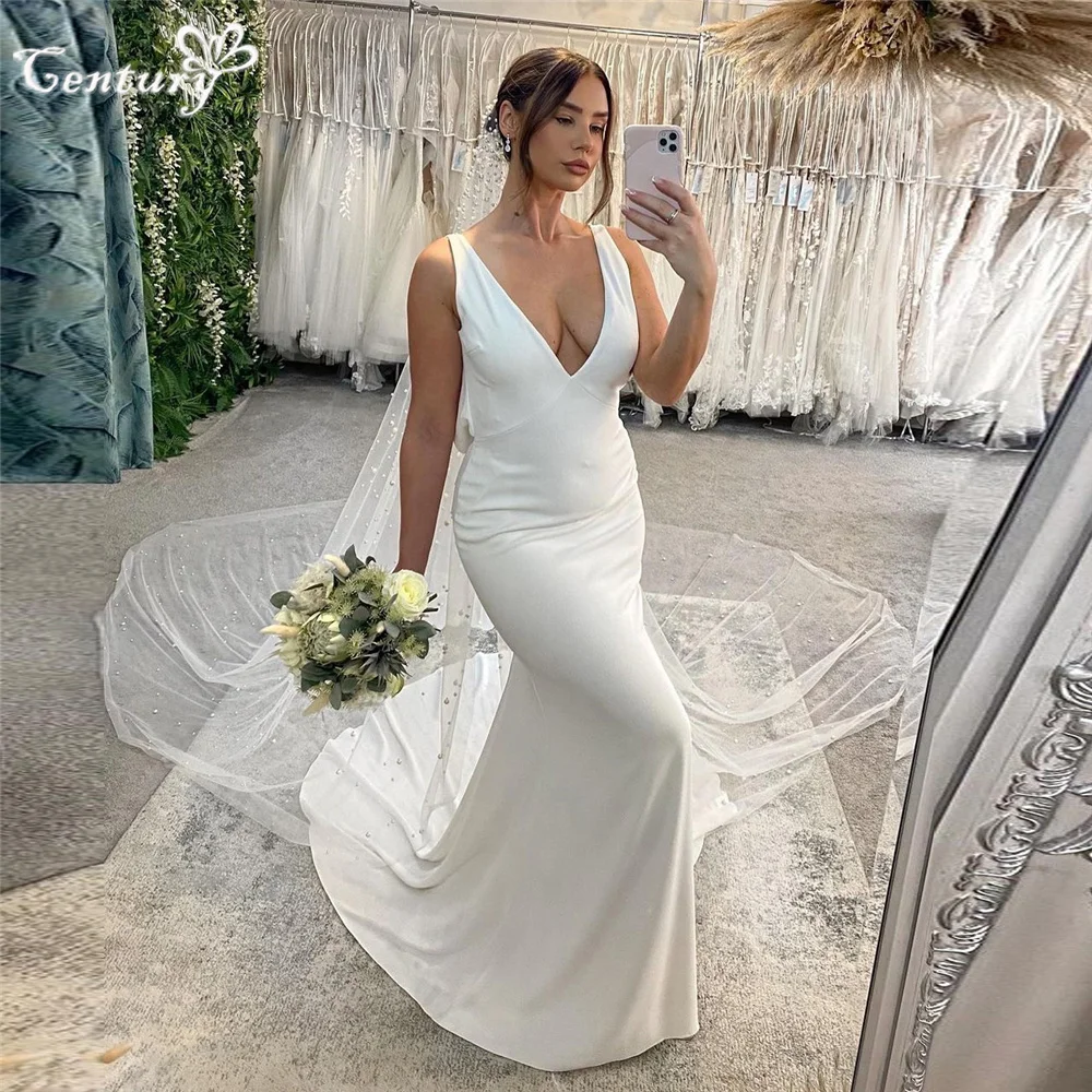 

Casual Wedding Dress Mermaid Cut 2024 Deep V Neck Backless Beaded Crepe Rustic Bridal Gowns Bride Dresses Robe de Mariee