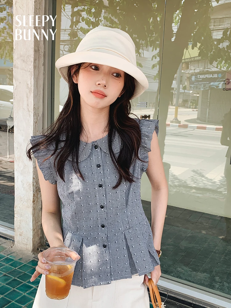 Vintage Plaid Ruffle Sleeve Blouse Women Summer Slim Fit Button Down Flared Hem Top Retro Checkered Shirt Casual Cute Style